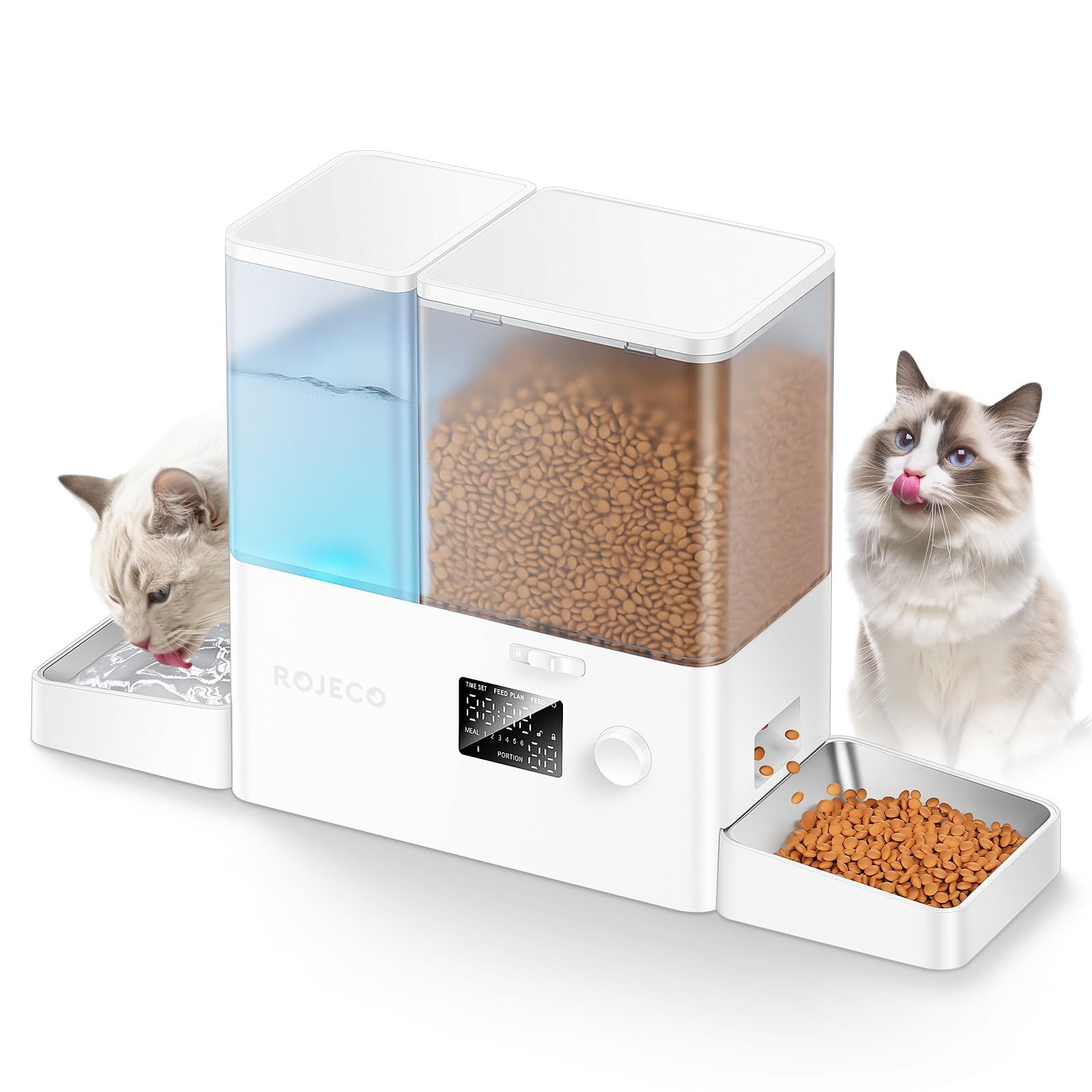 ROJECO 自動給餌器 猫 給水器一体化 餌やり機5L大容量 + 給水器 3.5L 餌詰まり防止 透明タンク 多頭飼いに向け2WAY給電 手動給餌 餌やり機 ステンレス皿 操作簡単 1日6食mt ca1b5050