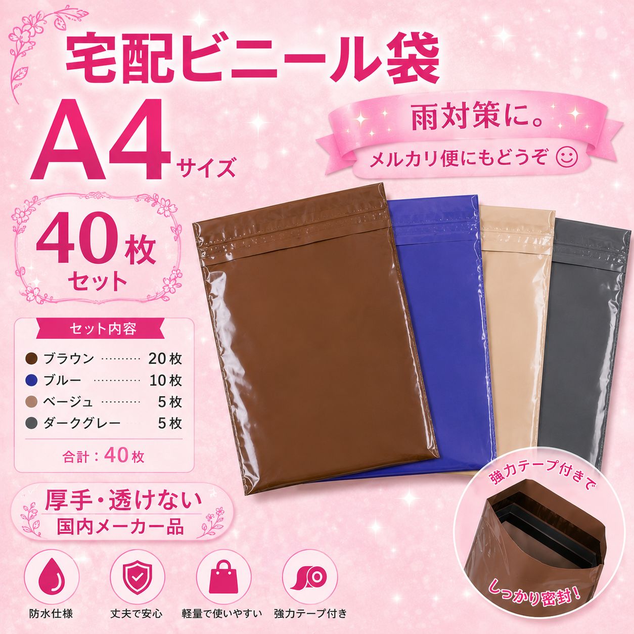 限定オマケ付き【国内メーカー品】お試し 宅配ビニール袋 A4対応 40枚