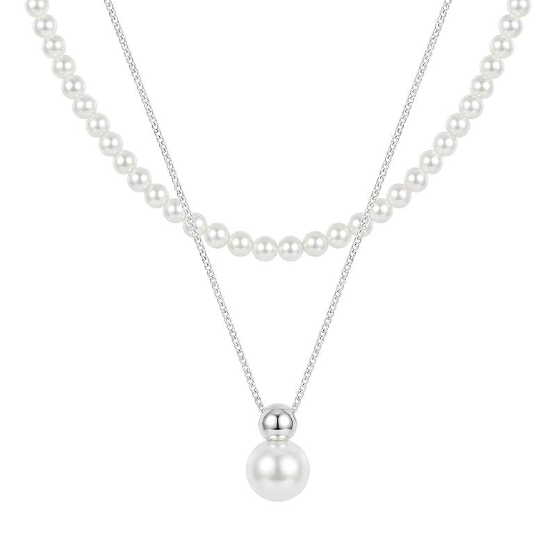 [Ningnvshi] パール ネックレス レディース 2連 ネックレス 金属アレルギー対応 S925シルバーコーティング 真珠 ペンダント 冠婚葬祭 結婚式 カジュアル プレゼント ギフトボックス付