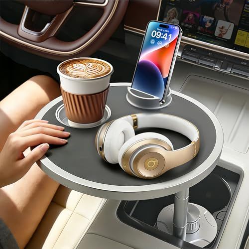 R◆車載テーブル ドリンクホルダーに取付 車 トレイ 助手席/運転席/後部座席対応 車 パソコンテーブル 360°回転 車 机 高さ調整 高級レザー×車規格アルミ カップホルダー＆スマホスタンド付 車中泊・休憩・移動オフィス 車内ランチ 長距 43fc4366