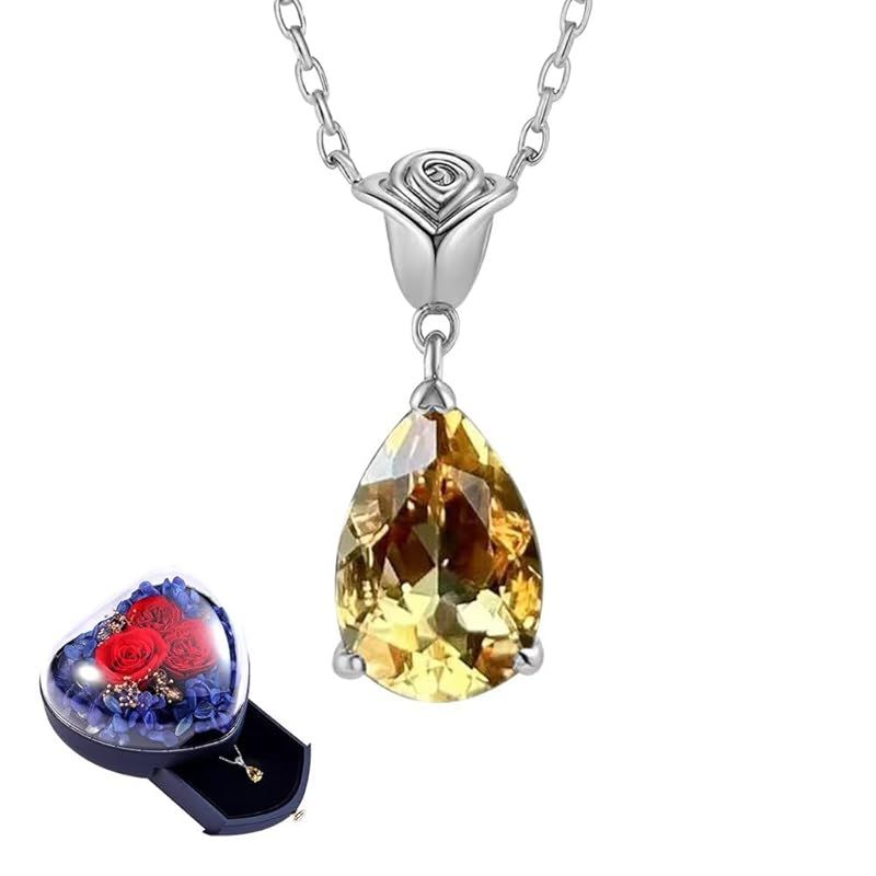 [sassu fine] ネックレス ローズ しずく 天然シトリン 国際標準シルバー925 レディースネックレス 枯れない花プリザーブドフラワー(天然シトリンwhite gold)