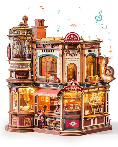 ROBOTIME 立体パズル 木製 3D ウッドパズル ミニチュアハウス DIYキット オルゴール付き 癒しインテリア 大人の趣味 手作りキット おしゃれ雑貨 デスクインテリア 雰囲気ライト LED付き 可動式モデル 組み立て 工作キット ク a883f68e