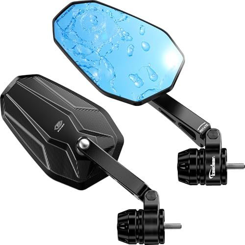 R◆Kaedear(カエディア) バイク ミラー バイクミラー 折りたたみ 10mm 8mm 左右セット 汎用 ブルーレンズ アルミニウム合金 車検対応 ブラックアルマイト 超撥水/視界クリア/眩しさ軽減/CNC防錆/ワイドビュー/多角度調整 シックスビジョン