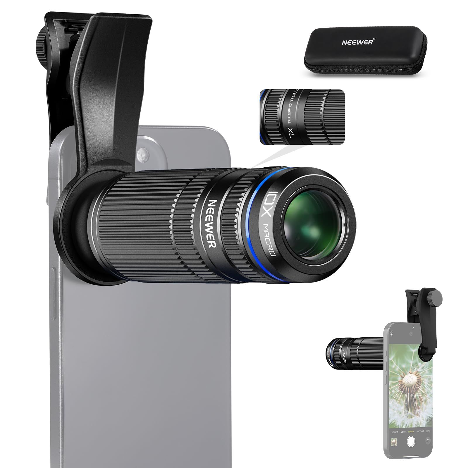 新品 NEEWER スマホレンズキット 7倍望遠レンズ+10倍マクロレンズ スマホカメラレンズクリップ/17mmネジ付き 取り外し可能 バックプレート/スマホケージ/ケース用 コンパチブル iPhone 16 Pro Max/iPhone 15/14/13 P