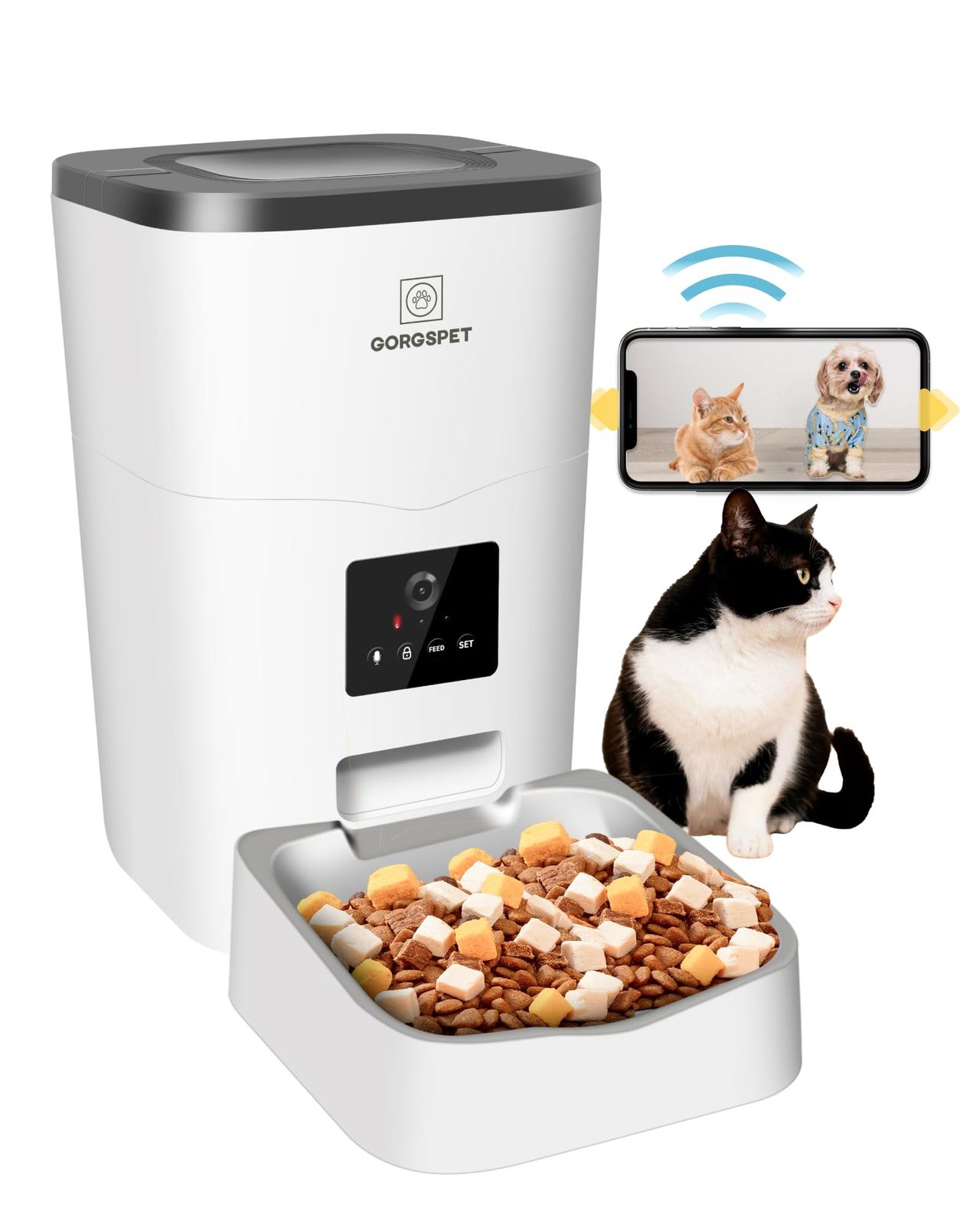 給餌器 ペットフィーダ 猫 中小型犬用 カメラ付き給餌器 餌やり機 音声録音 1日8食 給餌 2WAY給電 日本語対応アプリ 日本語取扱書 ステンレス皿水洗い可能 スマホ遠隔操作 カメラ iOS/Android対応 3L容量 ホワイトmt