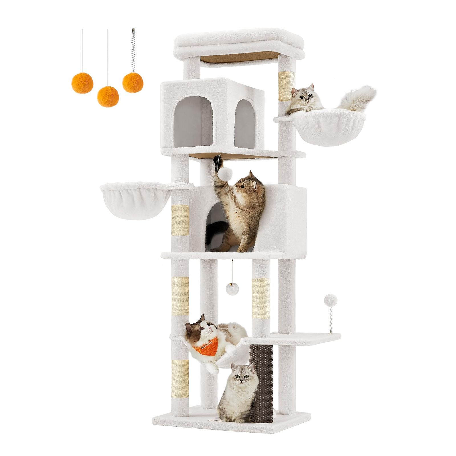 FEANDREA キャットタワー 猫タワー スリム 大型猫用 人気 据え置き 登りやすい 省スペース ハンモック 見晴台 ねこハウス ボンボン 天然麻紐 グレー 高さ175cm痒み止めブラシ付き ホワイト PCT182W02mt