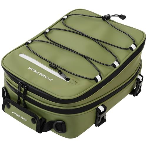R◆PYKES PEAK バイク用 シートバッグ 8-12L 大容量 レインカバー付き 固定ベルト ショルダーベルト 付き 日帰り バイク ツーリング アウトドア ツーリングバッグ リアバッグ ツーリングストリーム 【薄型 オリーブ】