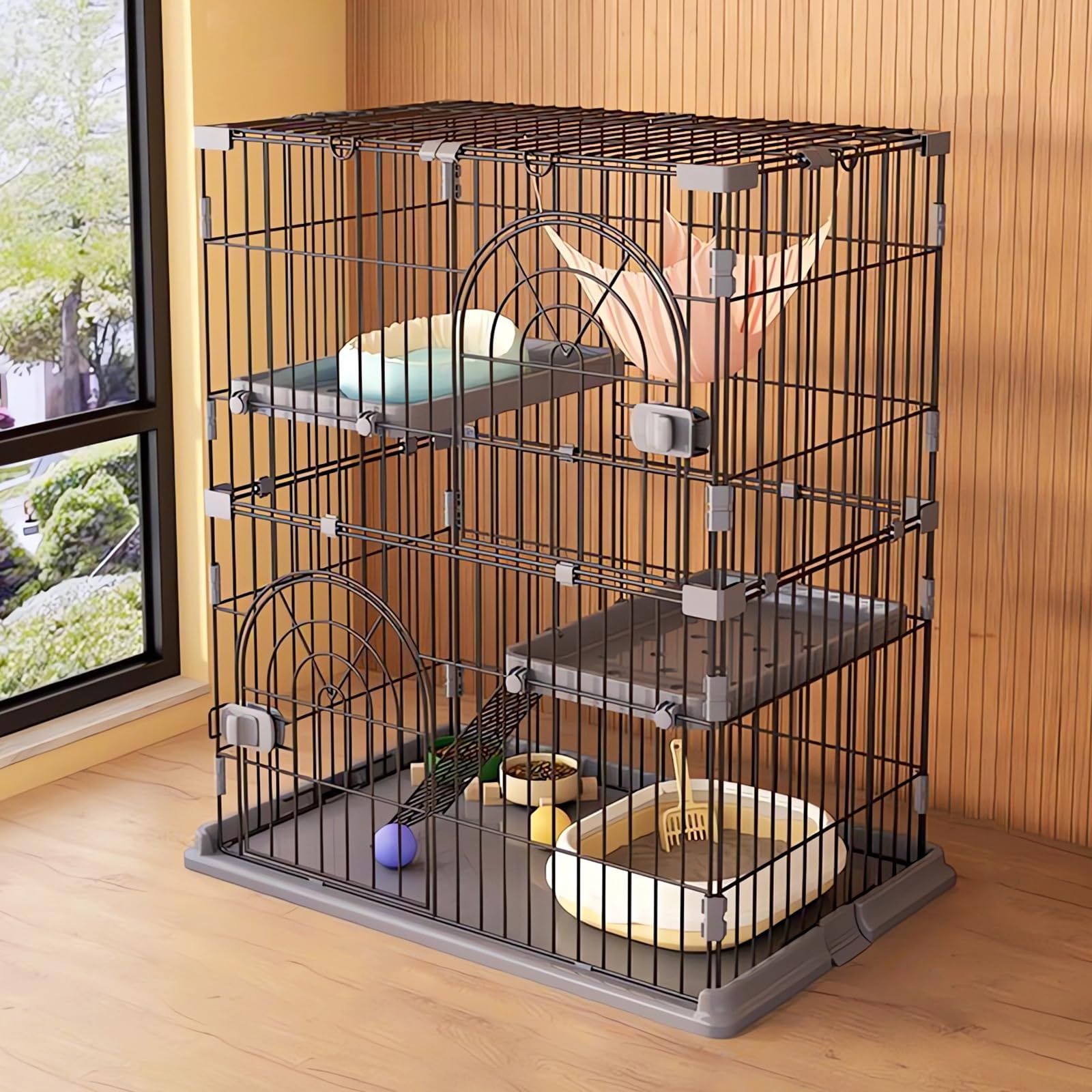 猫ケージ キャットケージ 2段 スリム 大型猫用 幅76*奥行50.5*高さ89cm ペットケージ 組み立て簡単 梯子 ワイド扉付き コンパクト おしゃれ 日本語説明書 頑丈 耐荷重10kg (グレー)mt