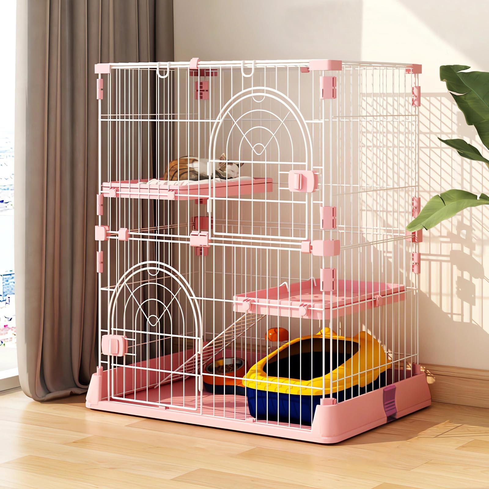 猫ケージ キャットケージ 2段 スリム 大型猫用 幅76*奥行50.5*高さ89cm ペットケージ 組み立て簡単 梯子 ワイド扉付き コンパクト おしゃれ 日本語説明書 頑丈 耐荷重10kg (ピンク)mt