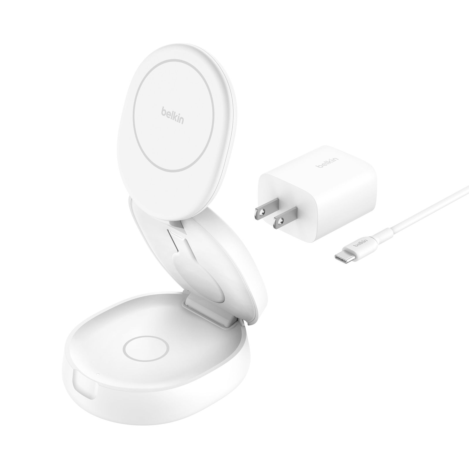 新品 Belkin 3 in 1 Qi2ワイヤレス MagSafe対応 iPhone1716～12/Qi2対応スマートフォン(最大15W) AirPods/ワイヤレス イヤホン iPhoneスタンバイモード対応 折り畳み式スタンド USB-Cケーブル付属(1