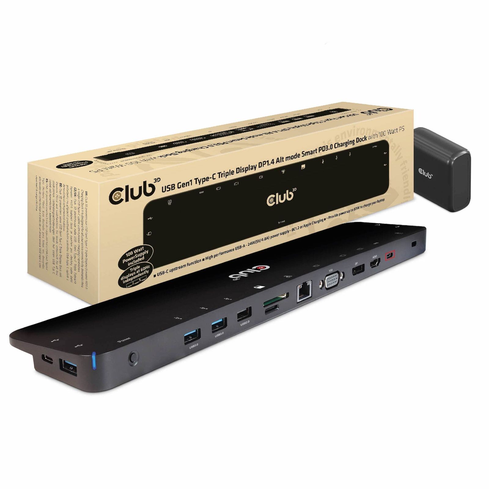 新品 Club3D USB 3.2 Gen1 Type C トリプル ディスプレイ DP1.4 Alt mode HDMI/DisplayPort/VGA スマート PD3.0 100W チャージング ドッキングステーション (CSV-1565)