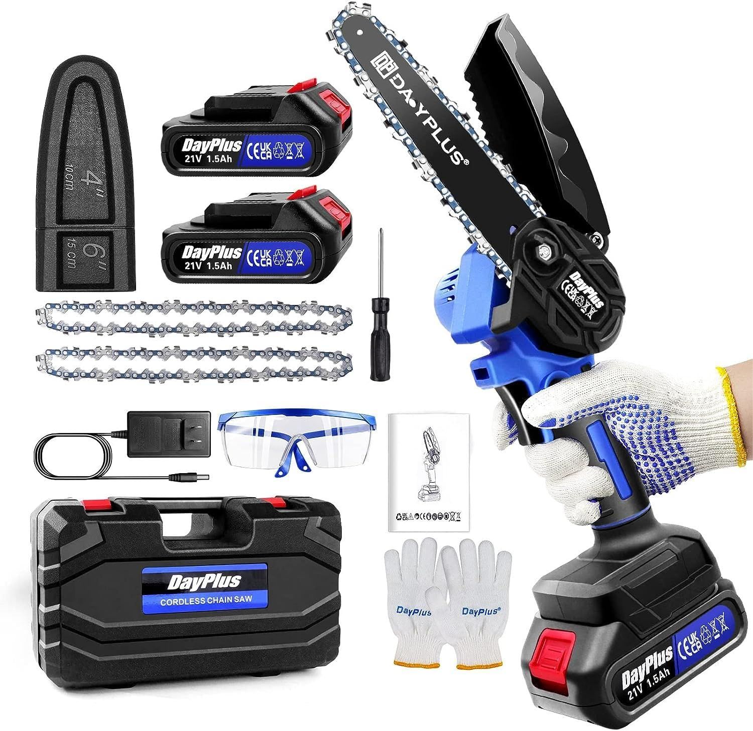 DayPlus コードレスチェンソー なブラシレスモーター大容量バッテリー2個搭載 21V充電式 6インチ電動チェーンソー 小型チェーンソー 強力 軽量 片手 木工切断、薪作り、園芸設備、枝切り、庭木の剪定等 充電式 電動のこぎり 日本語取扱 4fa4f695