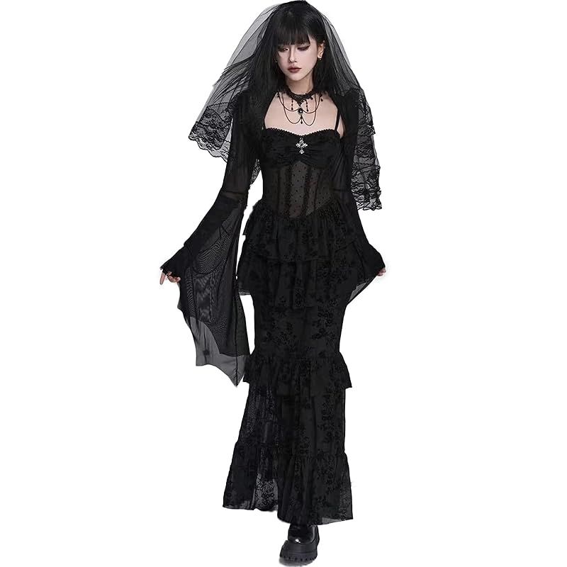 【新品】 [KALAOK] ゴシック ワンピース ハロウィン ゴスロリ 原宿系 吸血鬼 衣装 ロング ワンピース longblack M