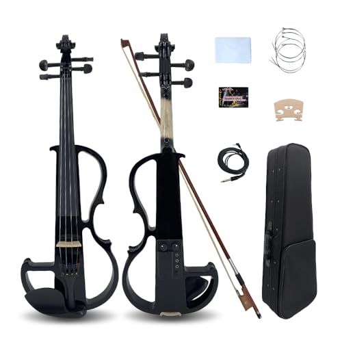Yinfente 電動バイオリン4/4フルサイズ静音4弦学生初級バイオリン、烏木部品、ケース付き、弓、肩枕、有線イヤホン(ブラック)mt