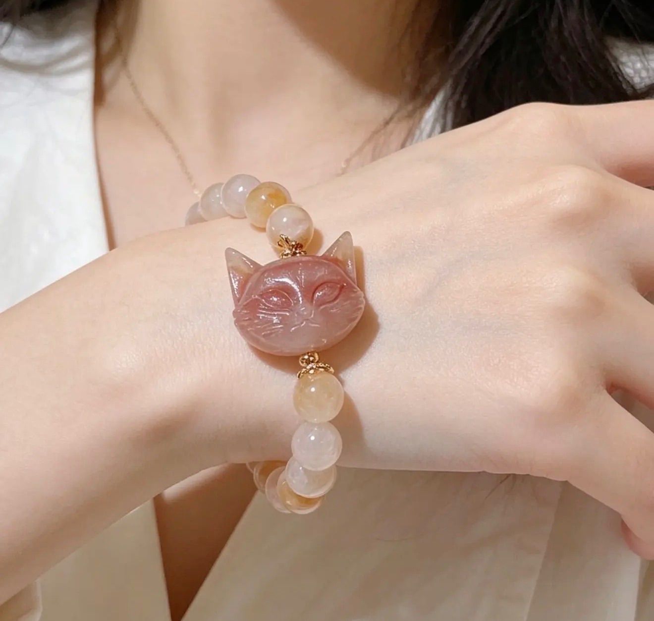 アゲート　猫ちゃん　桜瑪瑙　天然石ラブレスレット