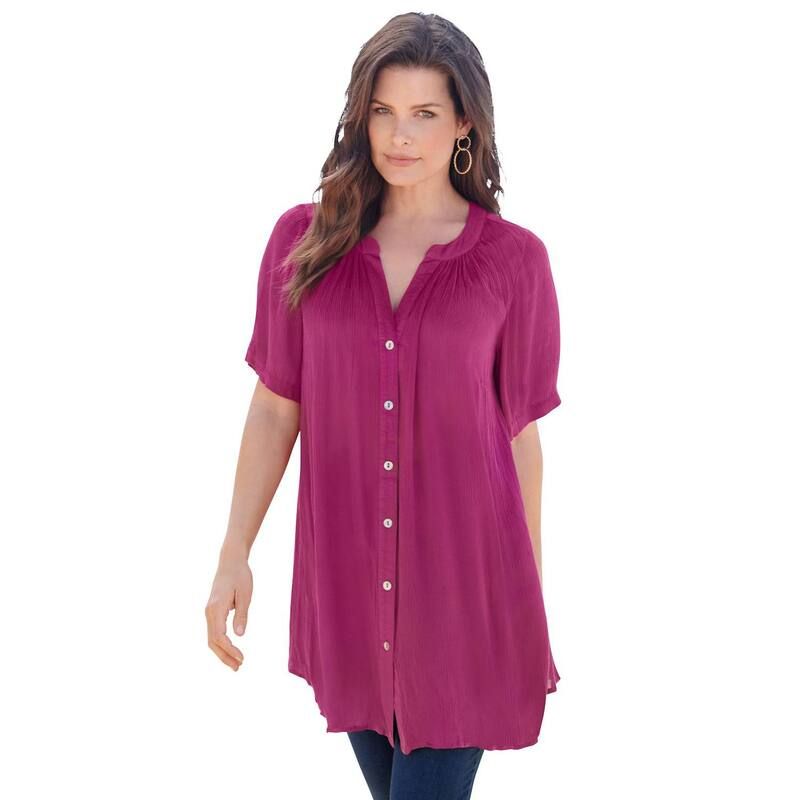 ロアマンズ レディース トップス Tシャツ プラスサイズ Roamans Womens Plusize Angelina Tunic Top Short Sleeve Flowy Fit Everyday Comfort Raspberry