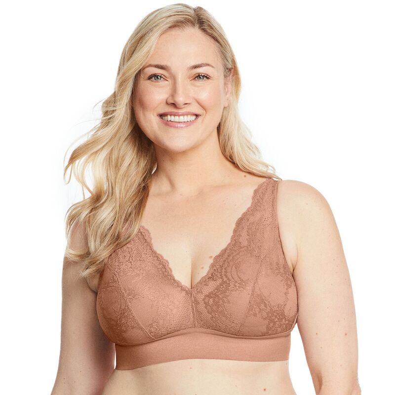 グラマライズ レディース アンダーウェア ブラジャー プラスサイズ レース Plusize Glamorise Full Figure Bramour Lexington Lace Plunge Wireless Bralette 7013 Cappuccin