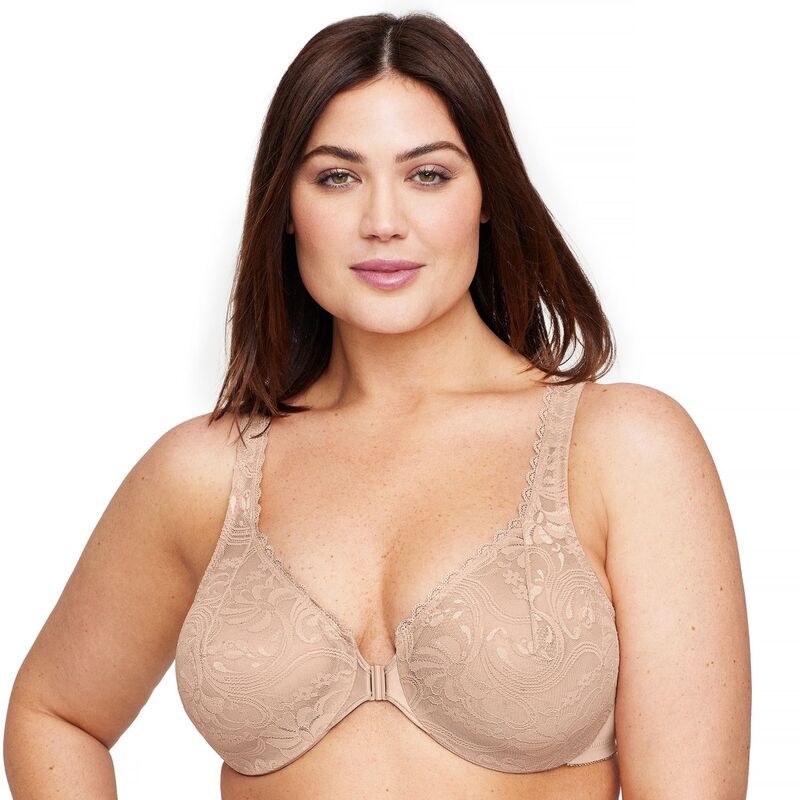 グラマライズ レディース アンダーウェア ブラジャー プラスサイズ レース Plusize Glamorise FullFigure Wonderwire FrontClose Stretch Lace Bra 9245 Cafe