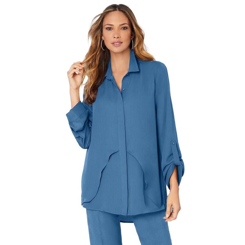 ロアマンズ レディース トップス Tシャツ ジョーゼット プラスサイズ オーバーレイ Roamans Womens Plusize Georgette Overlay Big Shirt Dusty Indigo インディゴ