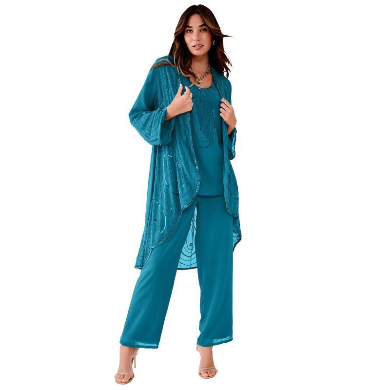 ロアマンズ レディース トップス ワンピース ジョーゼット プラスサイズ Roamans Womens Plusize Beaded Georgette 3Piece Pant Set Formal Wear Deep Teal ティール