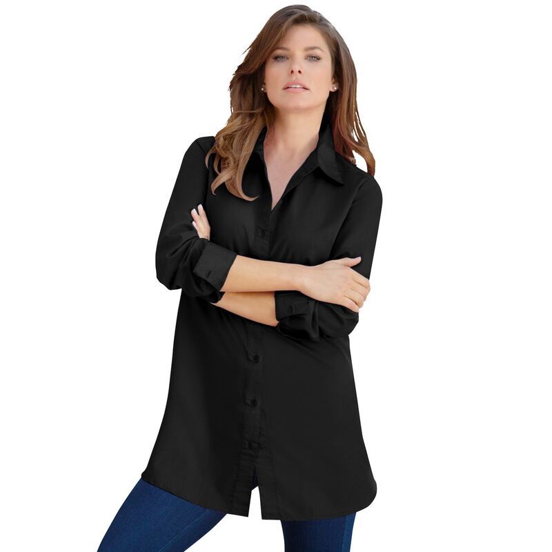 ロアマンズ レディース トップス Tシャツ プラスサイズ コットン 長袖 Roamans Womens Plusize Kate LongSleeve Crisp CottonBlend ButtonFrontunic Black ブラック