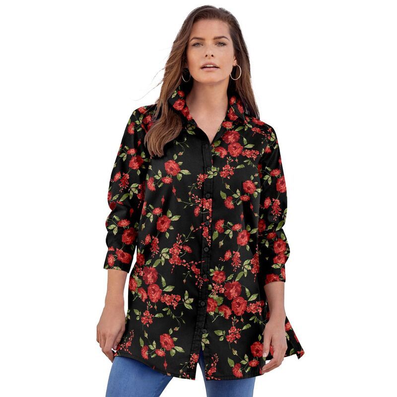 ロアマンズ レディース トップス Tシャツ プラスサイズ コットン 長袖 Roamans Womens Plusize Kate LongSleeve Crisp CottonBlend ButtonFrontunic Red Rose Floral レッド