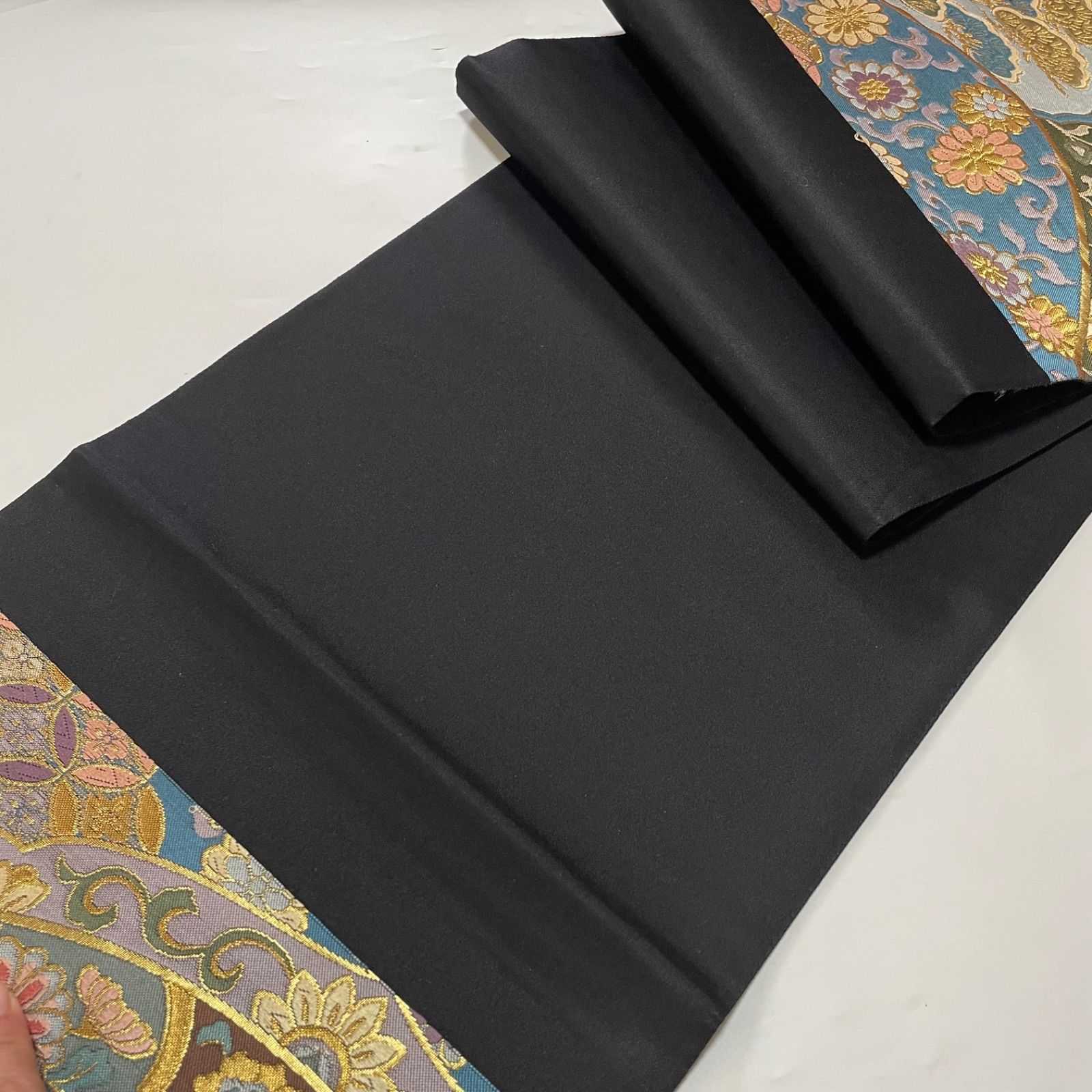 J972 美品 袋帯 六通 西陣織 金糸 牡丹 菊花唐草 松 正絹 和装 和服