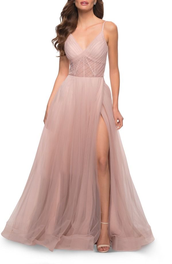 ラフェム レディース トップス ワンピース チュール A ライン シアー La Femme A Line Tulle Prom Dress with Sheer Bodice Dusty Mauve