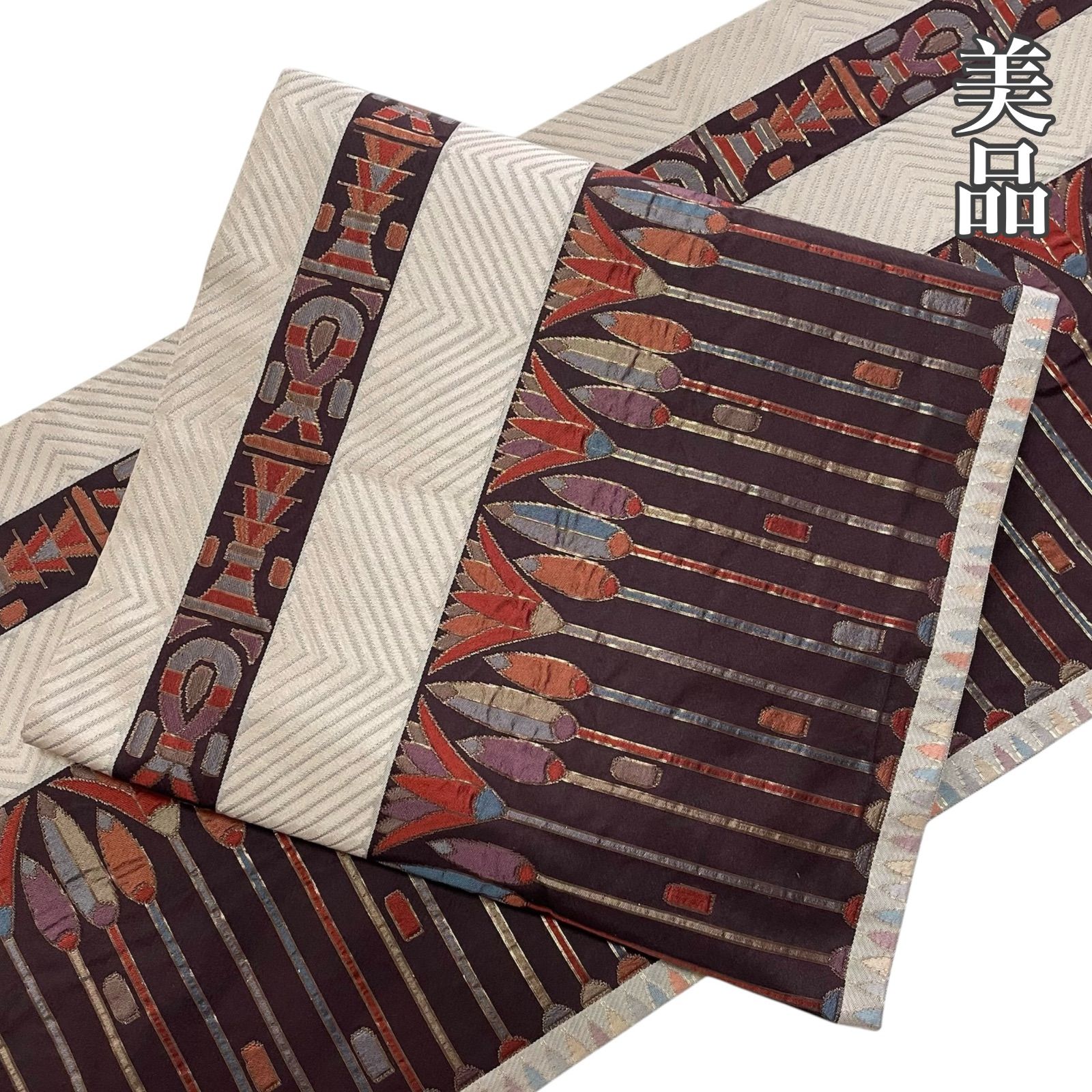 #J977 美品 袋帯 六通 リバーシブル ふくれ織 金糸 花柄 幾何学模様 正絹 和装 和服