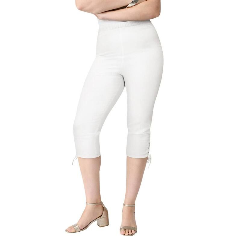 ロアマンズ レディース ボトムス カジュアルパンツ プラスサイズ キャップ レース Roamans Womens Plusize Comfort Stretch Lace Up Capri Jean White Denim ホワイト
