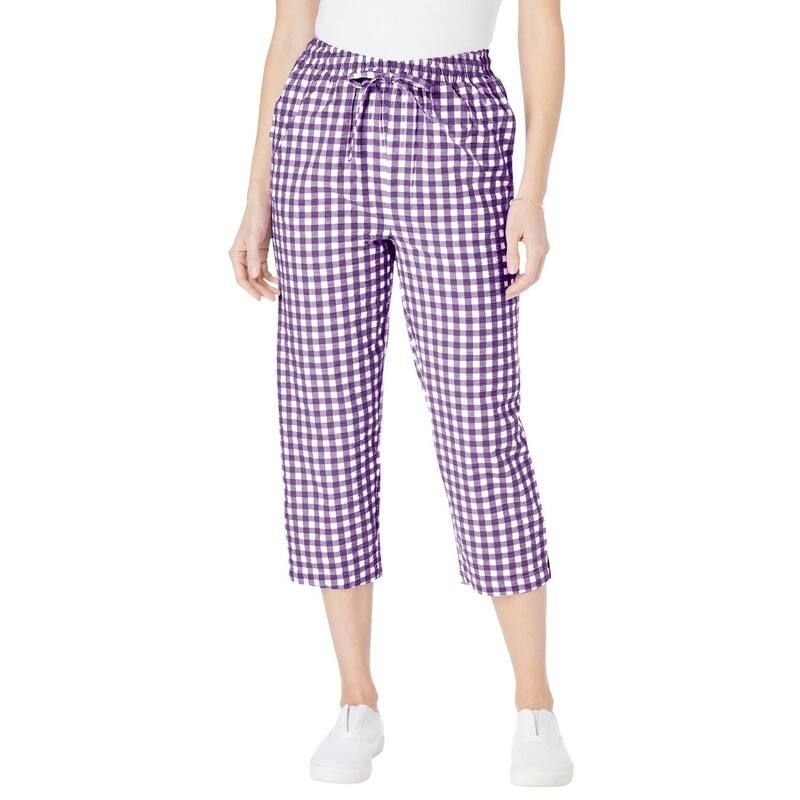 ウーマン ウィズイン レディース ボトムス カジュアルパンツ プラスサイズ プチ キャップ Woman Within Plusize Petite Seersucker PullOn ElasticWaist Capri Pants Purple Orchid