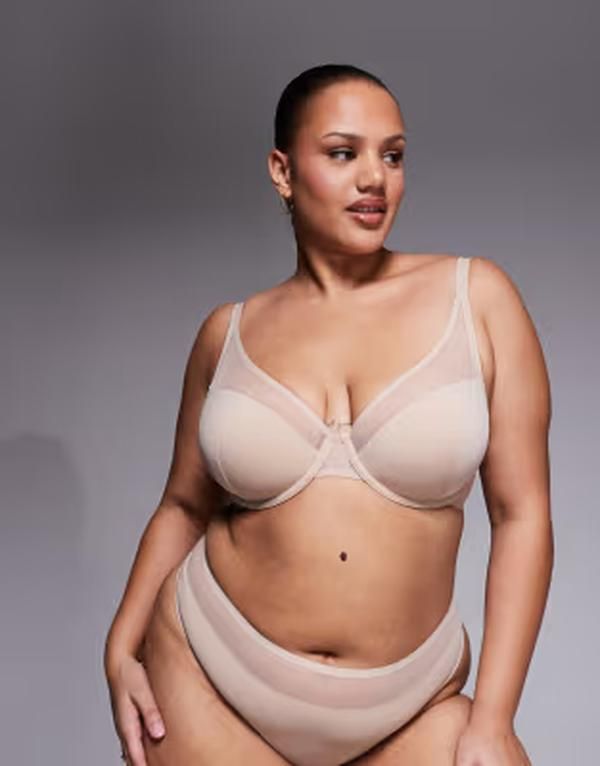 エイソス レディース アンダーウェア ブラジャー メッシュ ASOS Curve ASOS DESIGN Curvella molded microfiber demi pad underwire bra with mesh detail BEIGE ベージュ