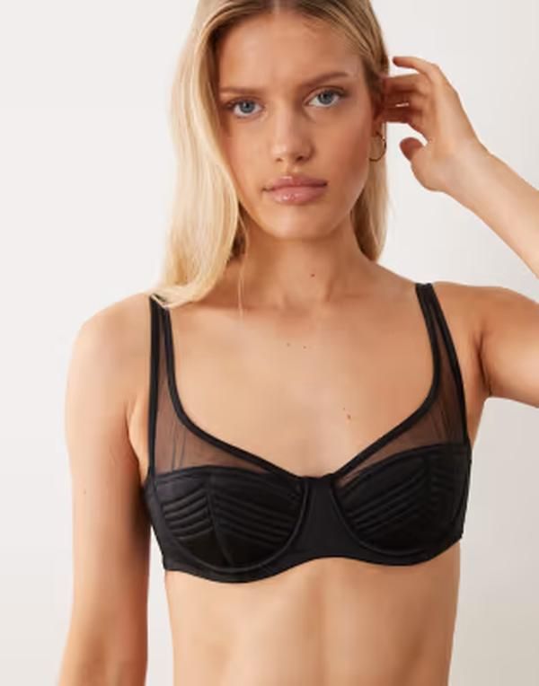 エイソス レディース アンダーウェア ブラジャー キルティング メッシュ サテン ASOS DESIGN Pamela satin mesh quilted high apex balcony underwire bra Black ブラック