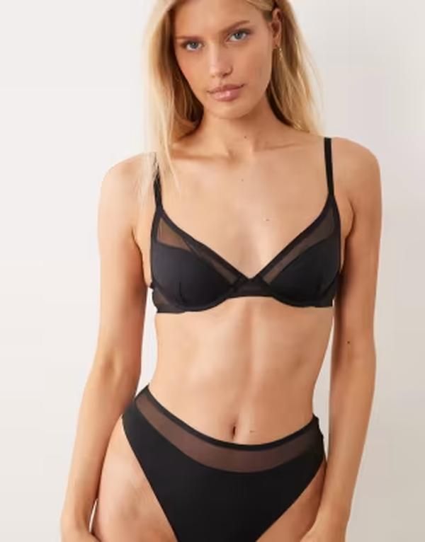 エイソス レディース アンダーウェア ブラジャー メッシュ ASOS DESIGN Ella molded microfiber demi pad underwire bra with mesh detail Black ブラック