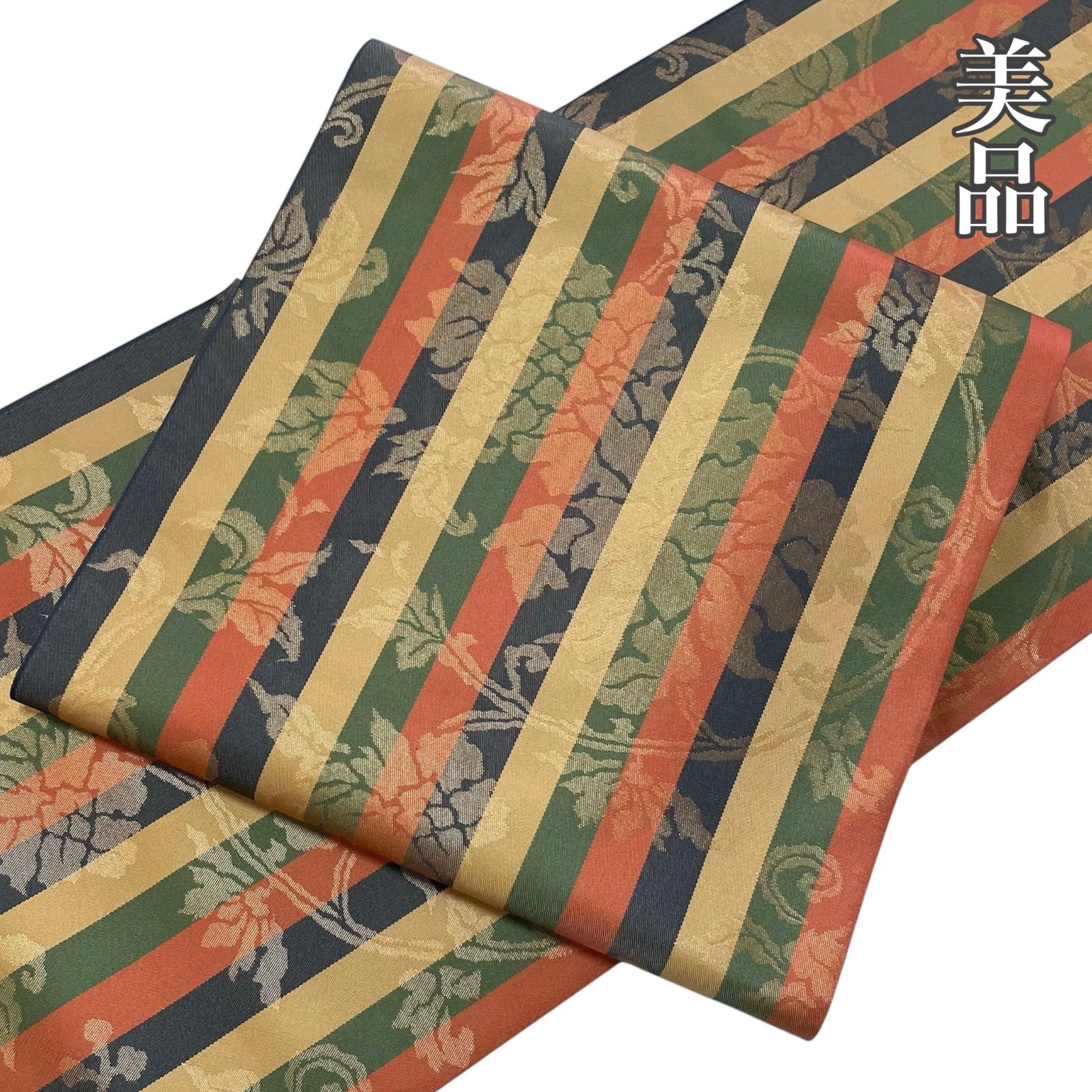 #J982 美品 袋帯 全通 リバーシブル 綴織 金糸 縦縞 牡丹唐草 正絹 和装 和服