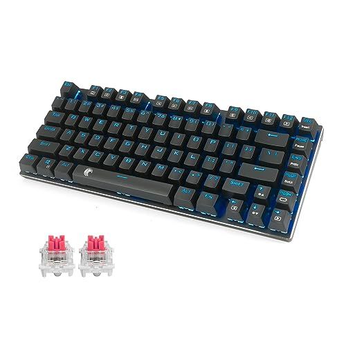 e元素ゲーミングキーボード 赤軸・青軸メカニカル式キーボード USB接続有線81キーアンチゴーストキー 青色LEDバックライト 防水機能付きゲーマー向け英語配列キーボード (赤軸・ブラック)/ 3e07c7e5