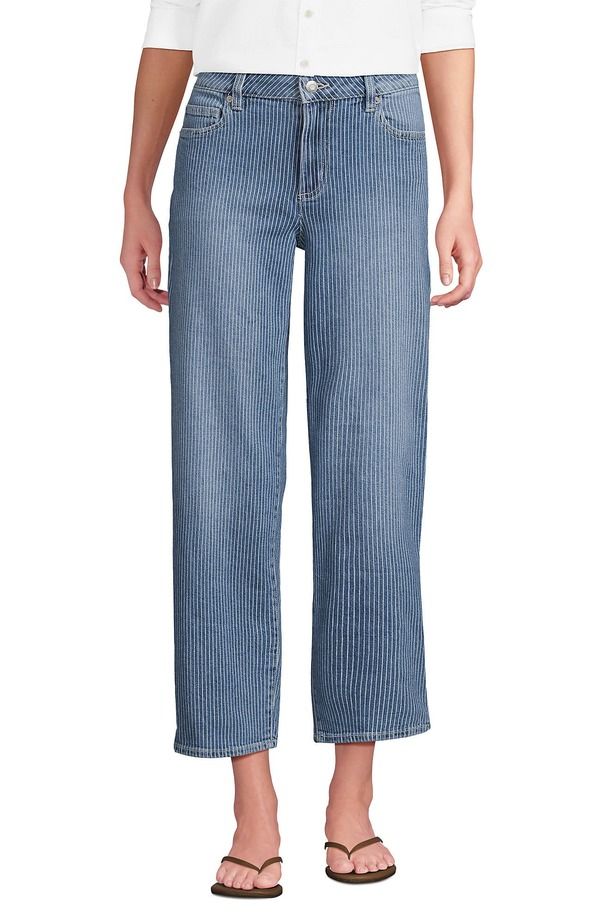 ランズエンド レディース ボトムス デニムパンツ ジーンズ Lands End Soft Denimid Rise Relaxed Straight Crop Jeans Beau Blue Stripe ブルー