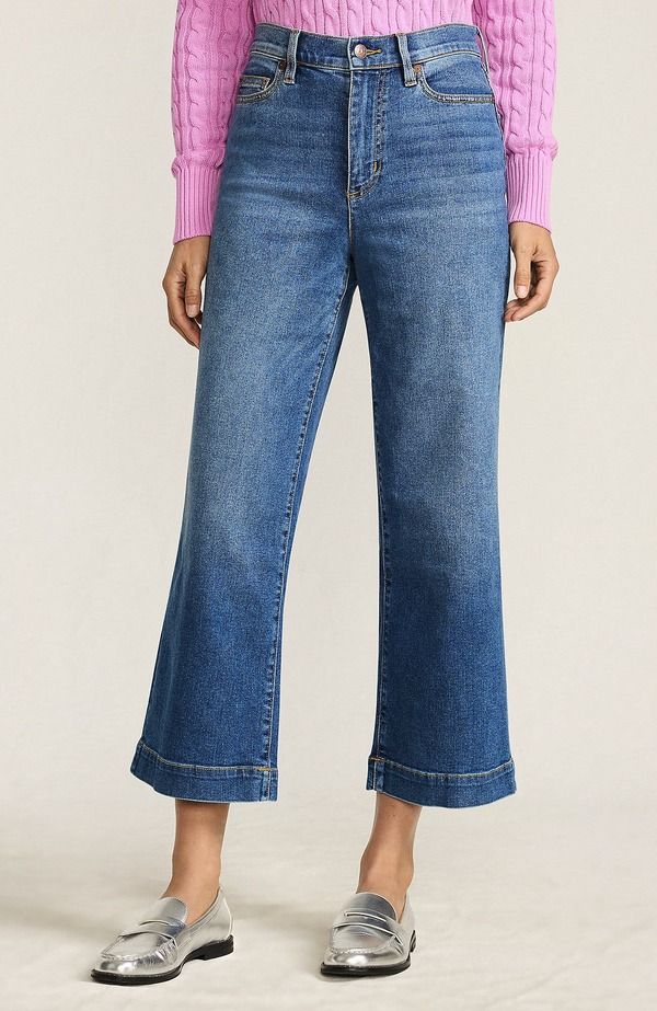 ランズエンド レディース ボトムス デニムパンツ ワイドレッグ ジーンズ Lands End Recover Denim High Rise Wide Leg Crop Jeans Indigo Tide Blue インディゴ