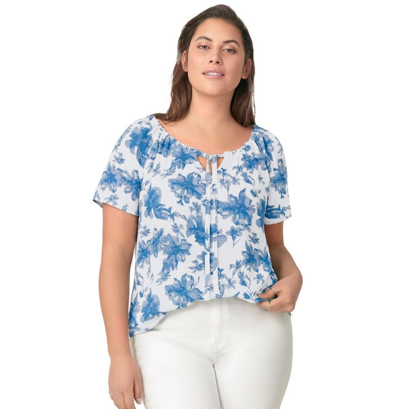 Ellos レディース トップス シャツ プラスサイズ ブラウス ellos Plusize Keyhole Peasant Blouse White Blue Floral ホワイト