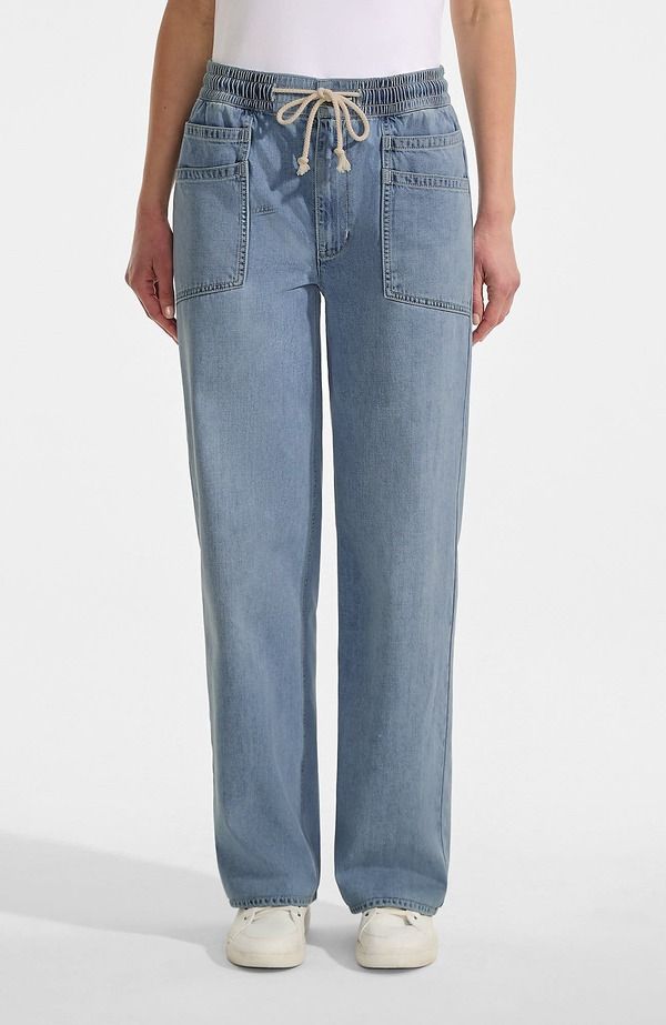 ランズエンド レディース ボトムス デニムパンツ ジーンズ Lands End Lightweight Denim High Rise Relaxed Straight Pull On Pocket Jeans Lake Blue Wash ブルー