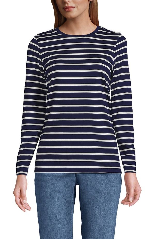 ランズエンド レディース トップス Tシャツ クルーネック コットン Lands End Supima Cotton Long Sleeve Crewneck TShirt Deep Sea Navy Breton Stripe ネイビー