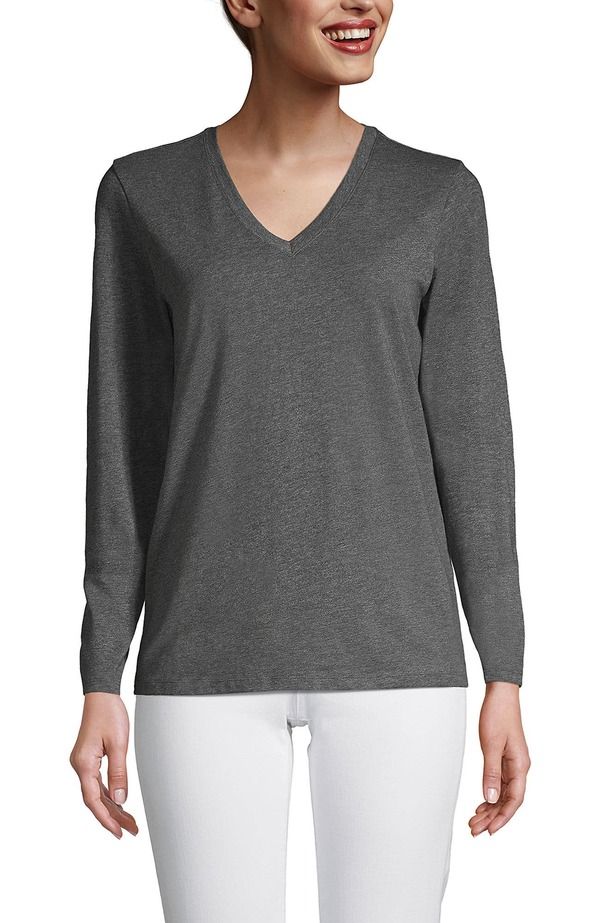 ランズエンド レディース トップス Tシャツ Vネック コットン Lands End Relaxed Supima Cotton Long Sleeve VNeck TShirt Charcoal Heather チャコール