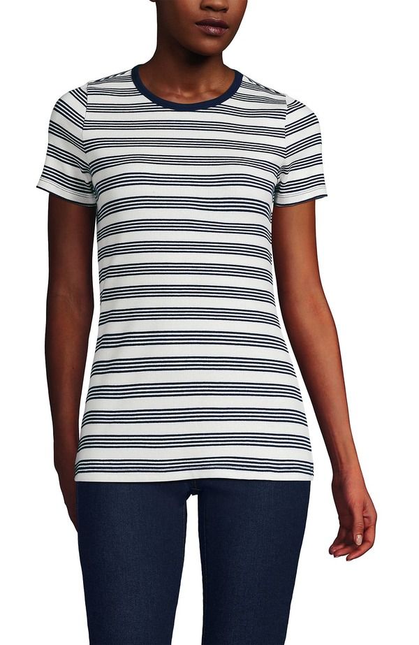 ランズエンド レディース トップス シャツ コットン Lands End Cotton Rib Tshirt IvoryDeep Sea Quad Stripe アイボリー