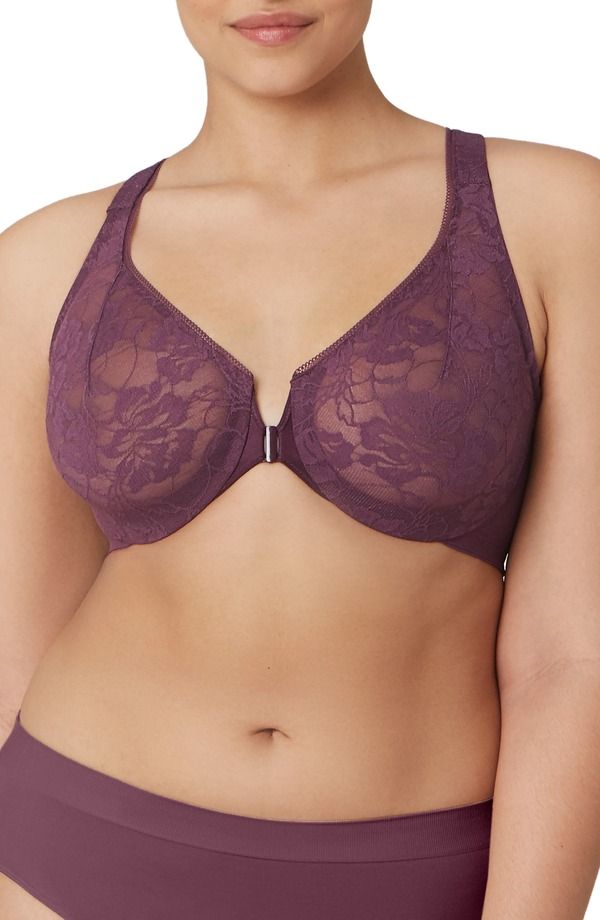 グラマライズ レディース アンダーウェア ブラジャー Glamorise WonderWire Front Close Lacy TBack Underwire Bra Black Plum ブラック