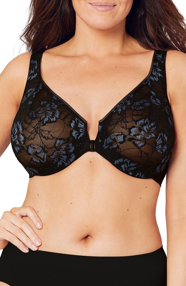 グラマライズ レディース アンダーウェア ブラジャー Glamorise WonderWire Front Close Lacy TBack Underwire Bra Black ブラック