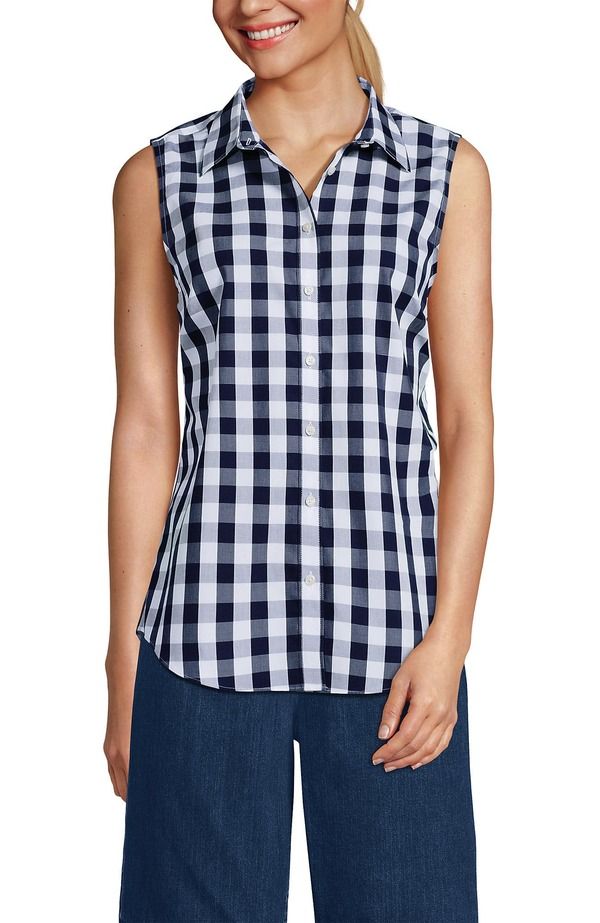 ランズエンド レディース トップス シャツ ノースリーブ Lands End Sleeveless No Iron Shirt Deep Sea Gingham
