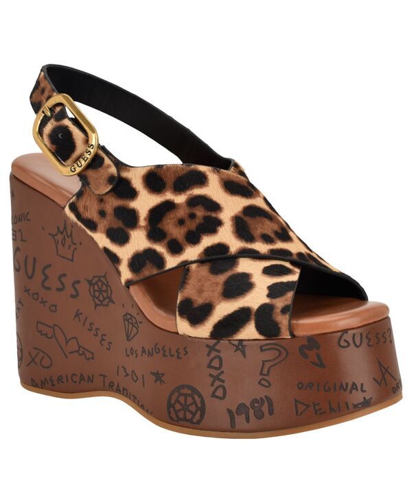 ゲス レディース シューズ サンダル プラットフォーム ロゴ GUESS Womens YariselogoEmbossed High Platform Wedge Sandals Leopard Calf Hair アニマル
