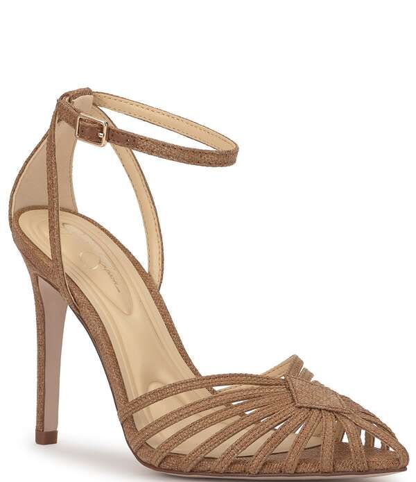 ジェシカシンプソン レディース シューズ ヒール アンクル Jessica Simpson Paveri Raffia Strappy Caged Ankle Strapumps Dark Natural