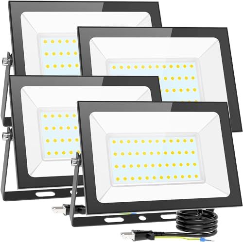 KIWEN LED 投光器 【超薄型・4個セット】屋外 防水 80W 10000LM 100v 昼光色 ledライト 作業灯 屋外 照明 看板灯 IP66 豪雨対応 外灯 led 灯光器 高演色 Ra85 高輝度 省エネ アース付き プラグ e64fde63