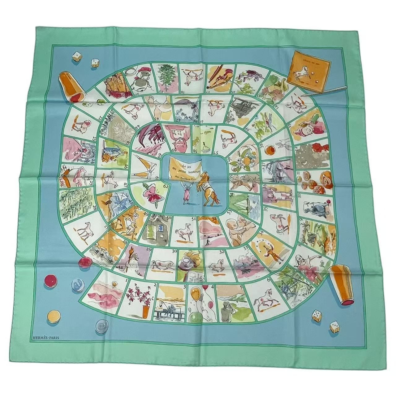 美品 HERMES エルメス カレ90 Le jeu des petits bonheurs 小さな幸せのゲーム スカーフ シルク グリーン